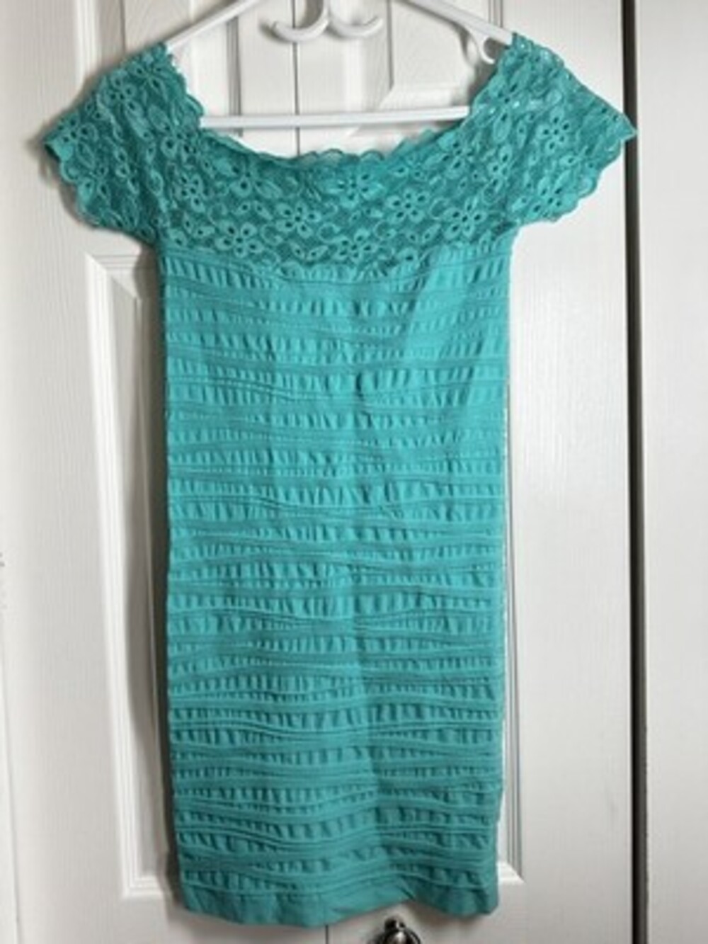 Hidden Lotus Teal Crochet Lace Off-the-Shoulder Bodycon Dress one size new #106